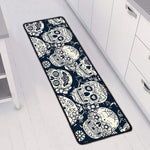 White Floral Sugar Skull Pattern Print Long Kitchen Mat