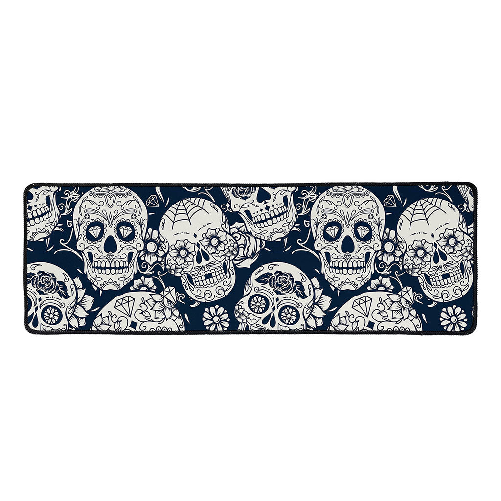 White Floral Sugar Skull Pattern Print Long Kitchen Mat