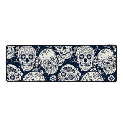 White Floral Sugar Skull Pattern Print Long Kitchen Mat