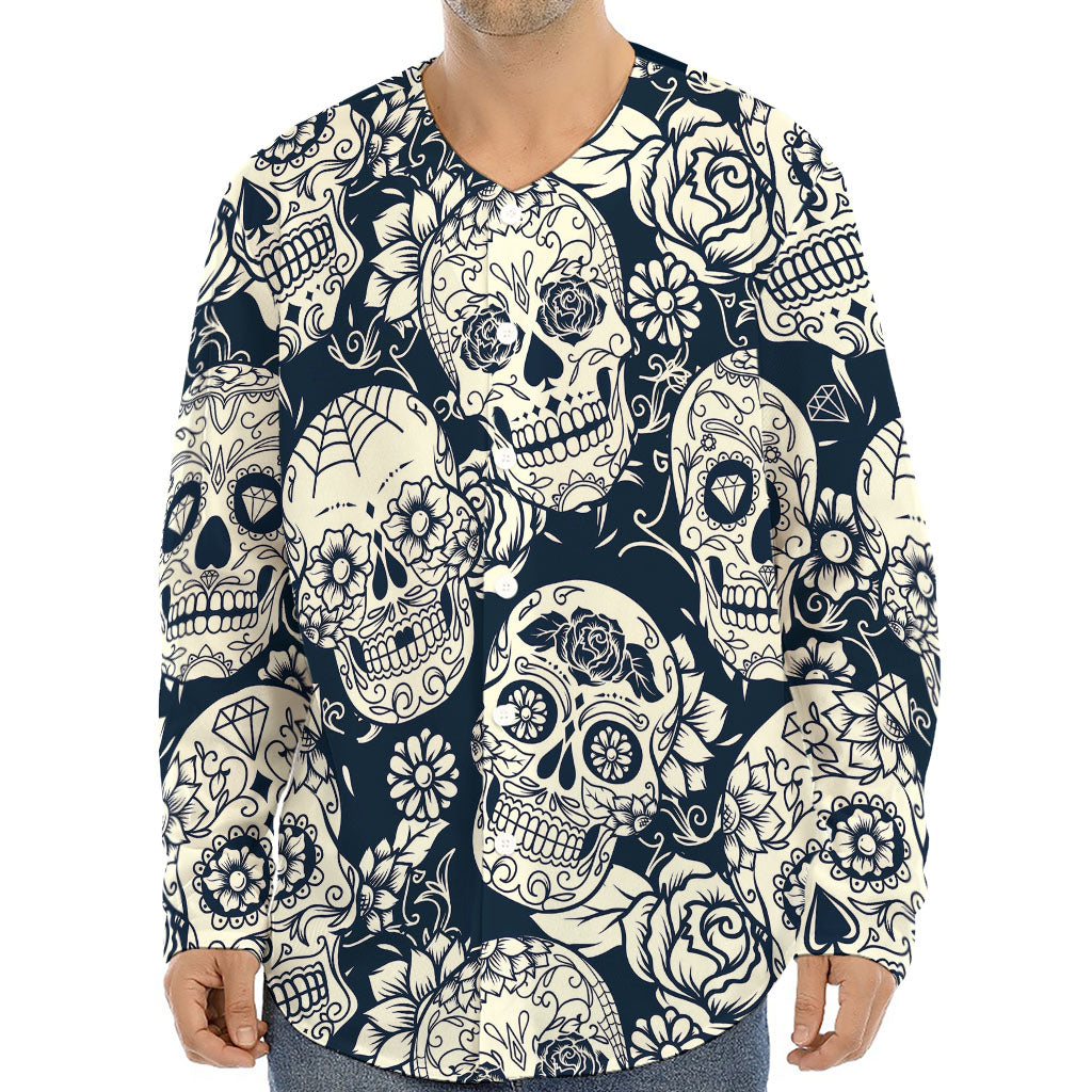 White Floral Sugar Skull Pattern Print Long Sleeve Baseball Jersey