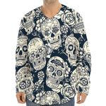 White Floral Sugar Skull Pattern Print Long Sleeve Baseball Jersey