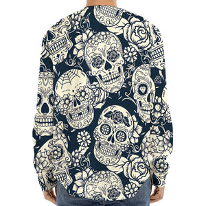 White Floral Sugar Skull Pattern Print Long Sleeve Baseball Jersey