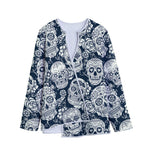 White Floral Sugar Skull Pattern Print Long Sleeve Short Coat