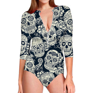 White Floral Sugar Skull Pattern Print Long Sleeve Swimsuit