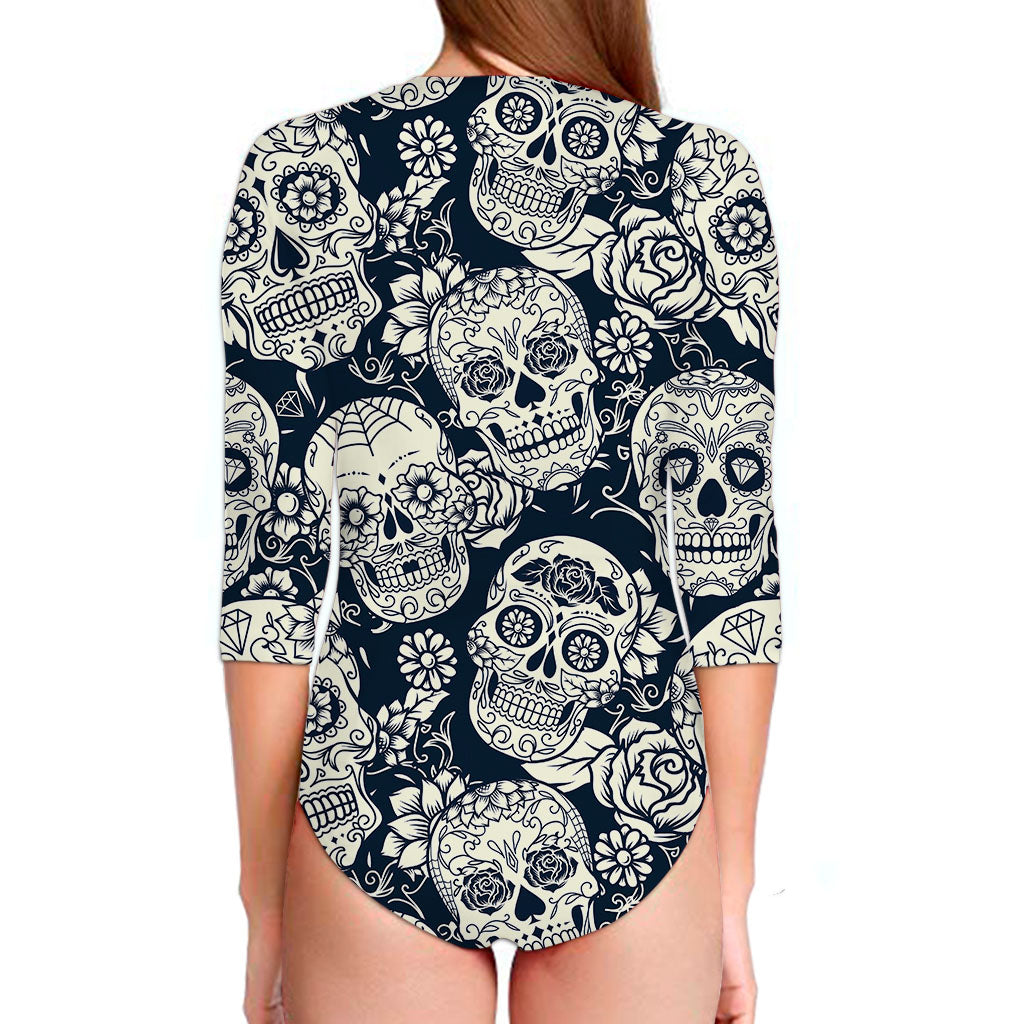 White Floral Sugar Skull Pattern Print Long Sleeve Swimsuit