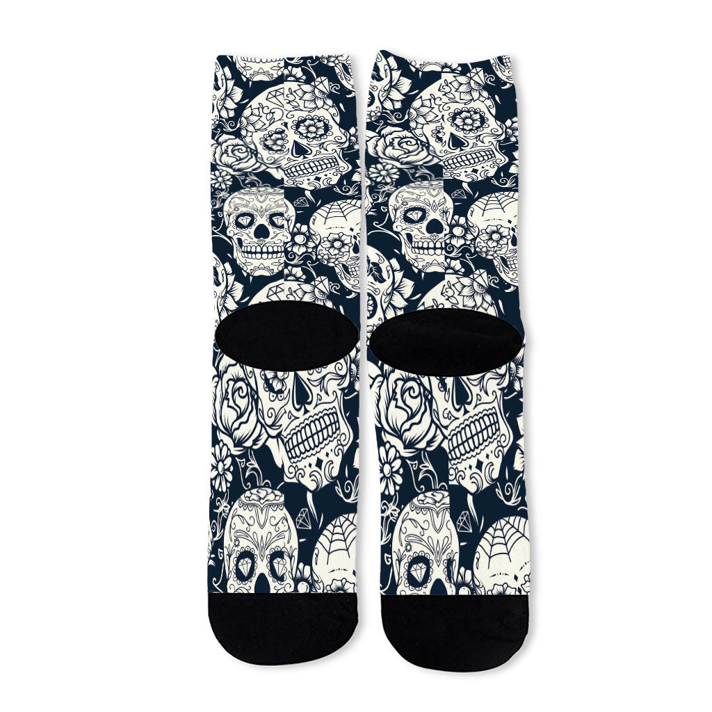 White Floral Sugar Skull Pattern Print Long Socks