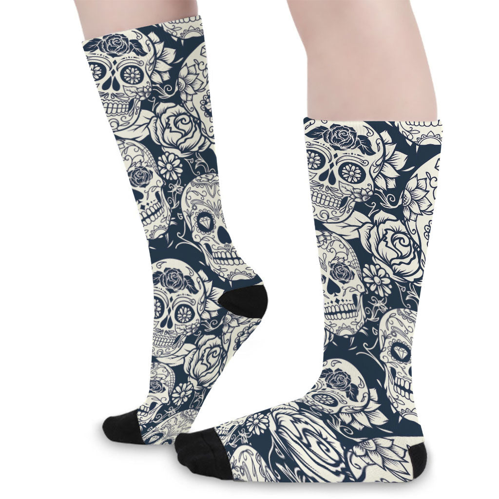 White Floral Sugar Skull Pattern Print Long Socks