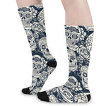 White Floral Sugar Skull Pattern Print Long Socks