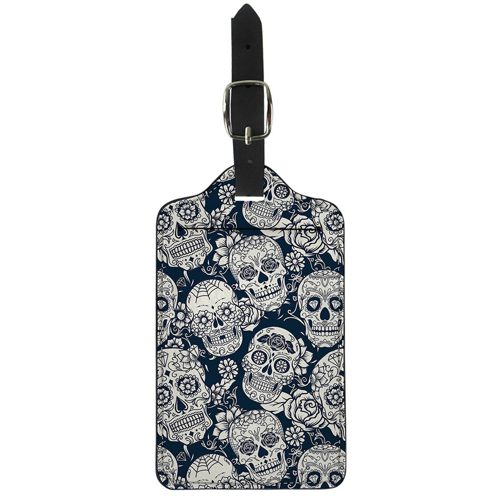 White Floral Sugar Skull Pattern Print Luggage Tag