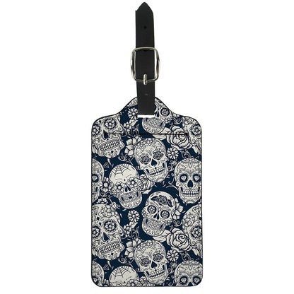 White Floral Sugar Skull Pattern Print Luggage Tag