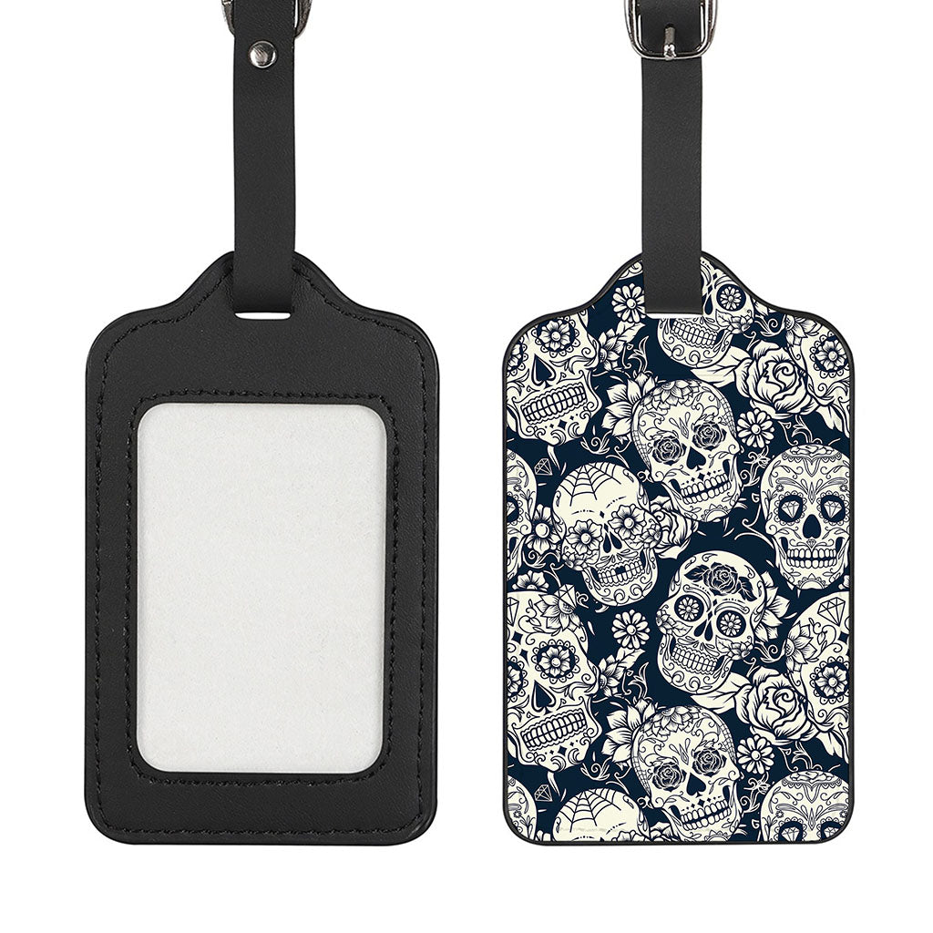 White Floral Sugar Skull Pattern Print Luggage Tag