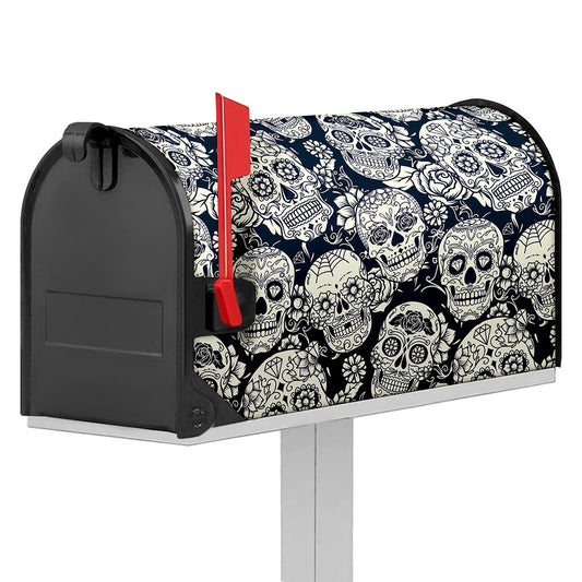 White Floral Sugar Skull Pattern Print Mailbox Cover
