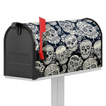 White Floral Sugar Skull Pattern Print Mailbox Cover