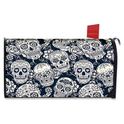 White Floral Sugar Skull Pattern Print Mailbox Cover
