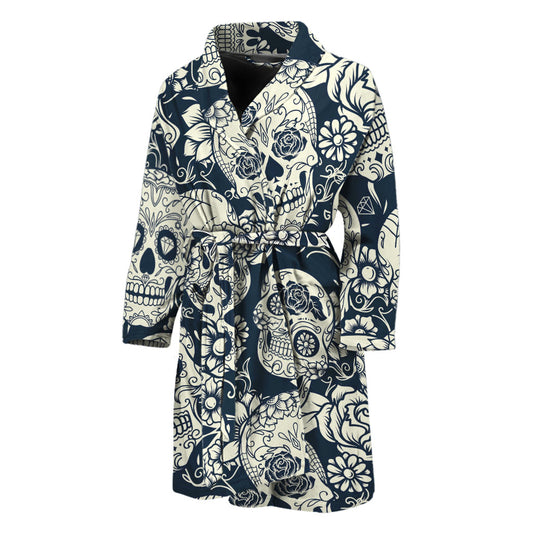 White Floral Sugar Skull Pattern Print Men's Bathrobe