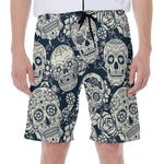 White Floral Sugar Skull Pattern Print Men's Beach Shorts
