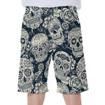 White Floral Sugar Skull Pattern Print Men's Beach Shorts
