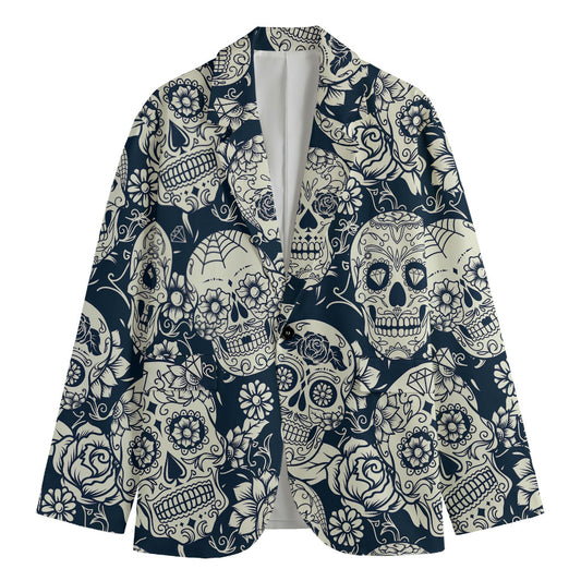 White Floral Sugar Skull Pattern Print Men's Blazer