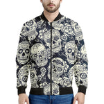 White Floral Sugar Skull Pattern Print Men's Bomber Jacket