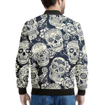 White Floral Sugar Skull Pattern Print Men's Bomber Jacket
