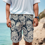 White Floral Sugar Skull Pattern Print Men's Cargo Shorts