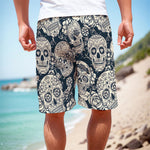 White Floral Sugar Skull Pattern Print Men's Cargo Shorts