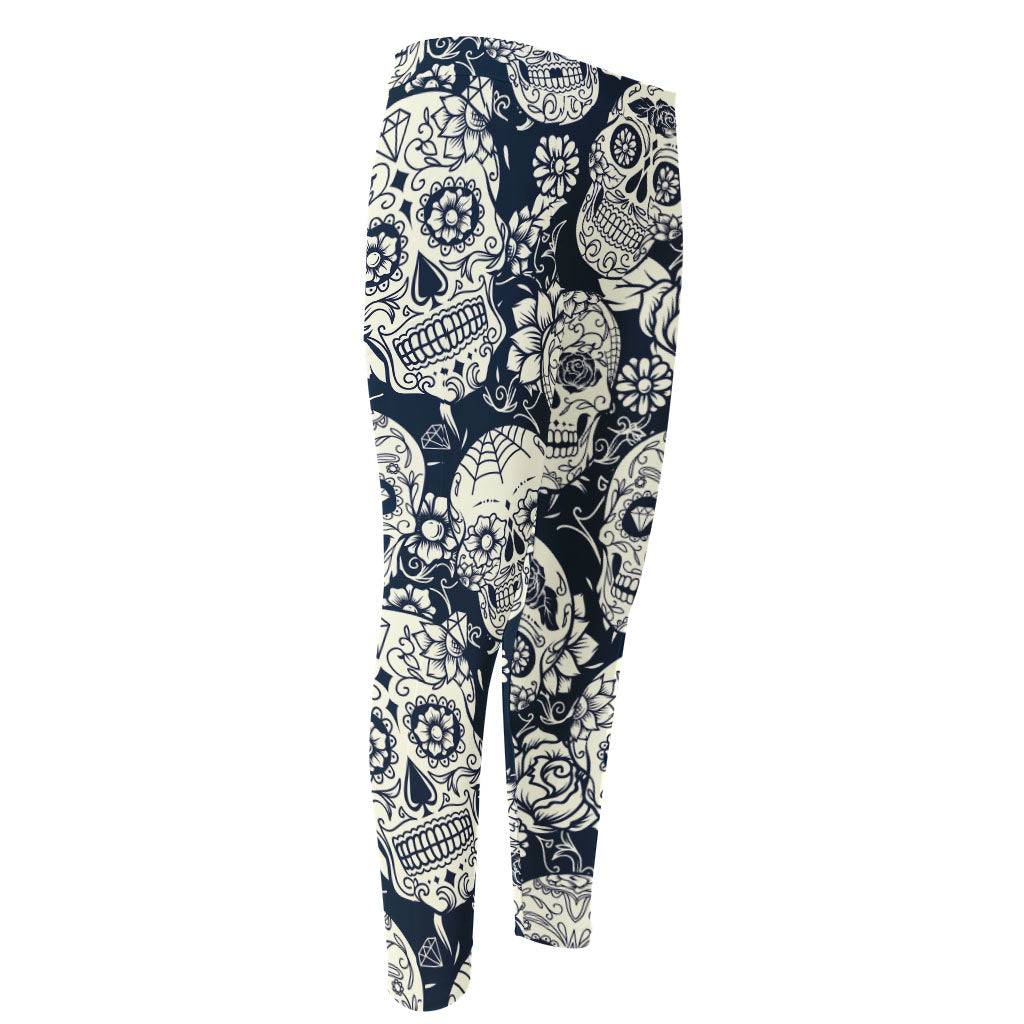 White Floral Sugar Skull Pattern Print Men's Compression Pants