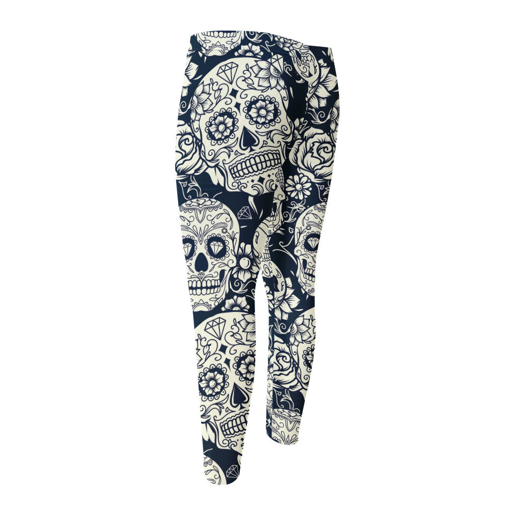 White Floral Sugar Skull Pattern Print Men's Compression Pants
