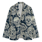 White Floral Sugar Skull Pattern Print Men's Cotton Blazer
