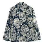 White Floral Sugar Skull Pattern Print Men's Cotton Blazer