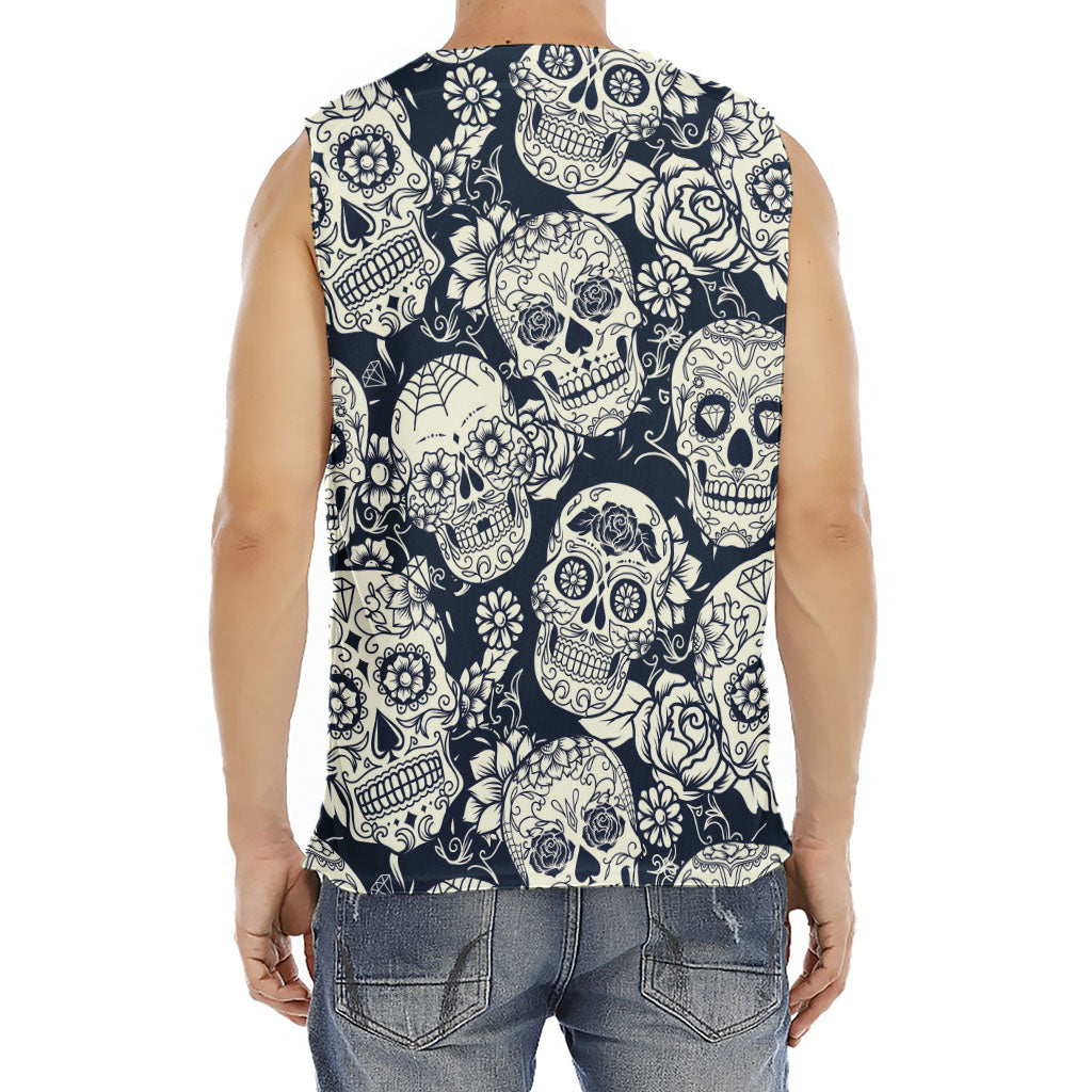 White Floral Sugar Skull Pattern Print Men's Fitness Tank Top