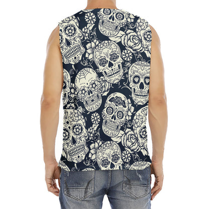 White Floral Sugar Skull Pattern Print Men's Fitness Tank Top