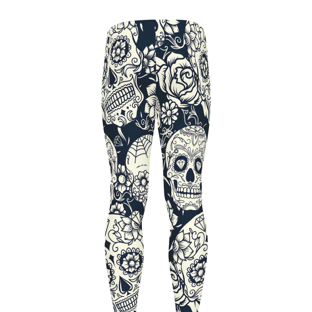White Floral Sugar Skull Pattern Print Men's leggings