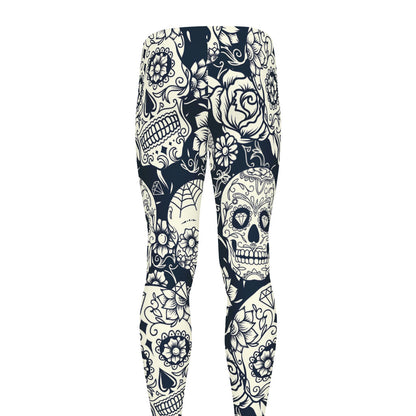 White Floral Sugar Skull Pattern Print Men's leggings