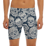 White Floral Sugar Skull Pattern Print Men's Long Boxer Briefs