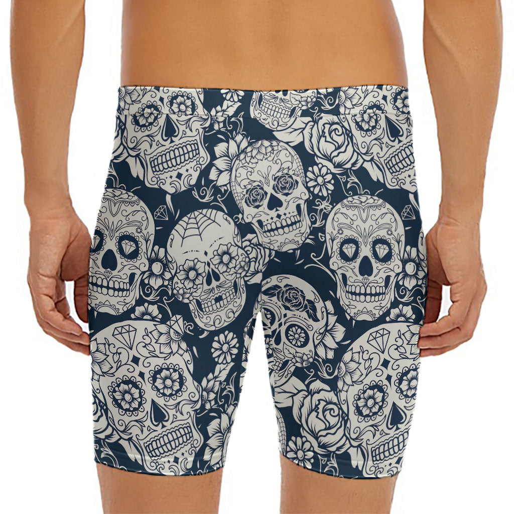 White Floral Sugar Skull Pattern Print Men's Long Boxer Briefs