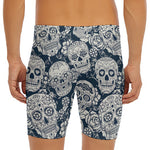 White Floral Sugar Skull Pattern Print Men's Long Boxer Briefs