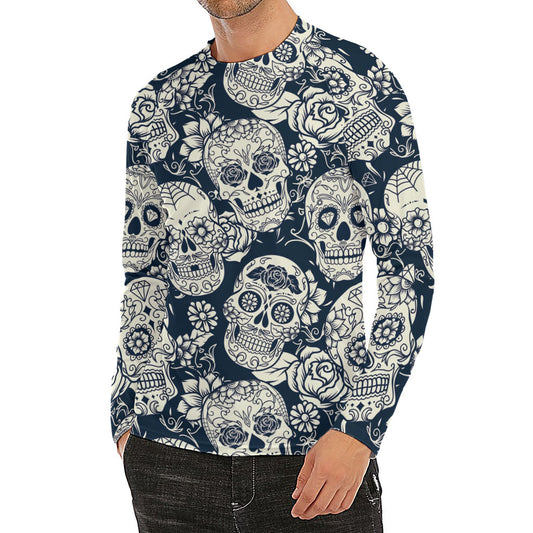 White Floral Sugar Skull Pattern Print Men's Long Sleeve Rash Guard