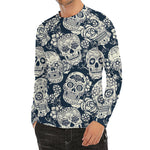 White Floral Sugar Skull Pattern Print Men's Long Sleeve Rash Guard
