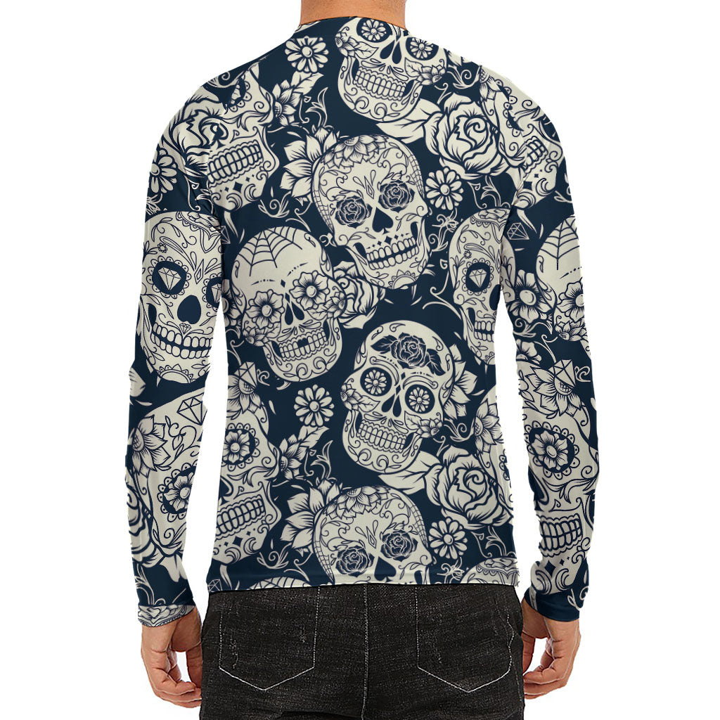 White Floral Sugar Skull Pattern Print Men's Long Sleeve Rash Guard
