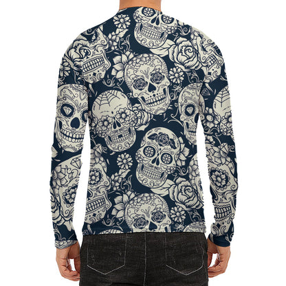 White Floral Sugar Skull Pattern Print Men's Long Sleeve Rash Guard