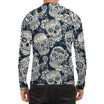 White Floral Sugar Skull Pattern Print Men's Long Sleeve Rash Guard