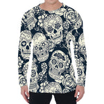 White Floral Sugar Skull Pattern Print Men's Long Sleeve T-Shirt