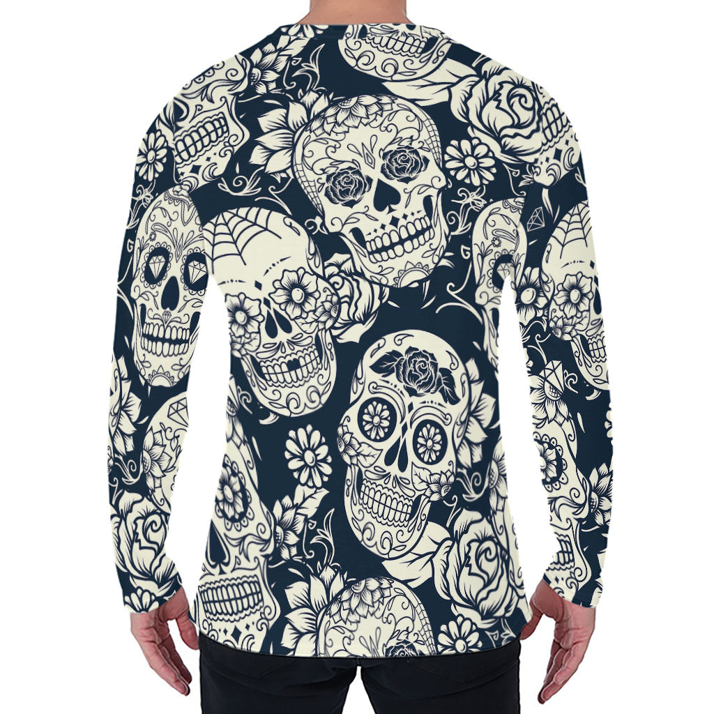 White Floral Sugar Skull Pattern Print Men's Long Sleeve T-Shirt