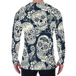 White Floral Sugar Skull Pattern Print Men's Long Sleeve T-Shirt