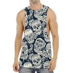 White Floral Sugar Skull Pattern Print Men's Muscle Tank Top