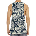 White Floral Sugar Skull Pattern Print Men's Muscle Tank Top
