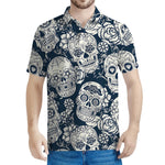 White Floral Sugar Skull Pattern Print Men's Polo Shirt