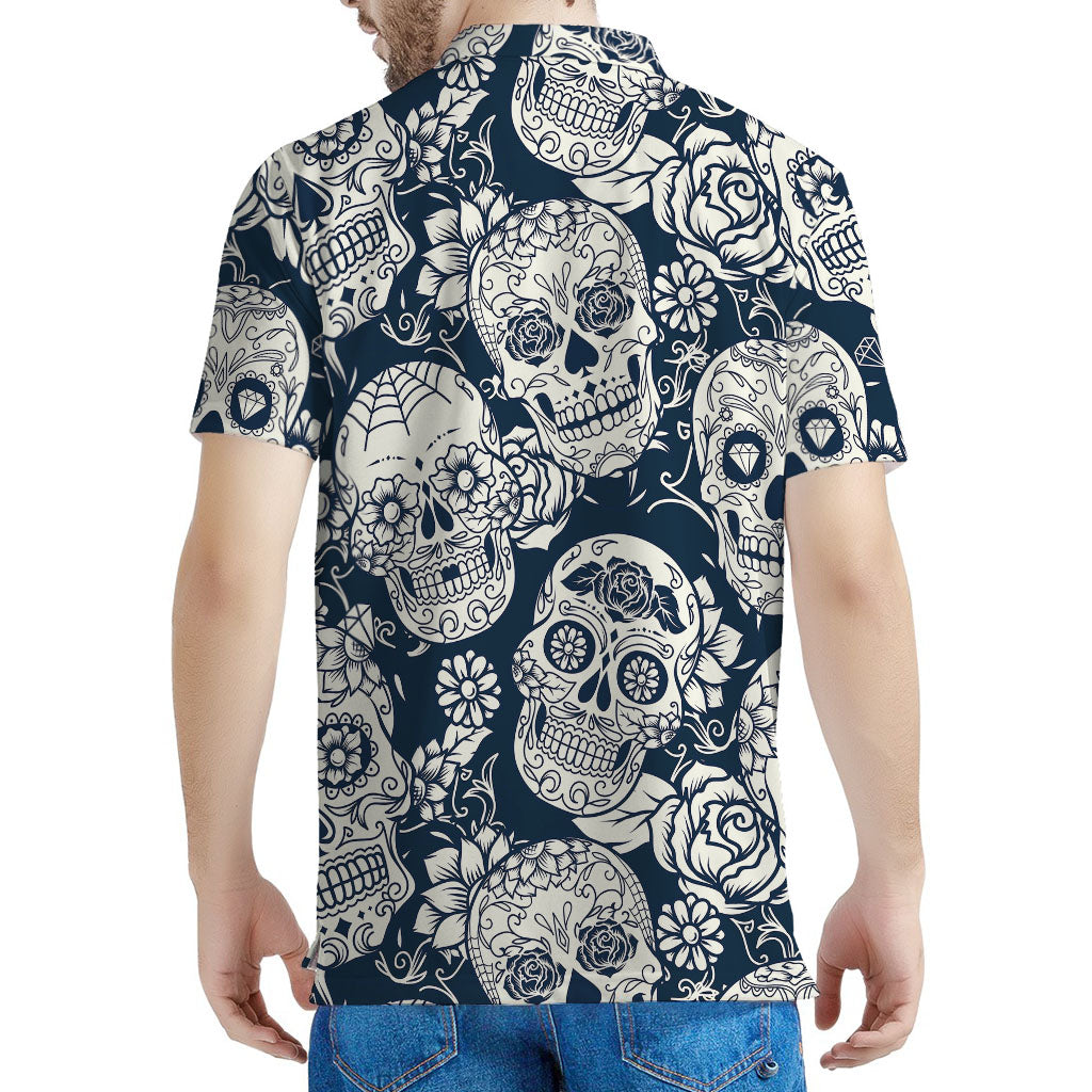 White Floral Sugar Skull Pattern Print Men's Polo Shirt