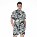 White Floral Sugar Skull Pattern Print Men's Romper
